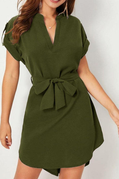 Tied Notched Short Sleeve Dress Carauana Store