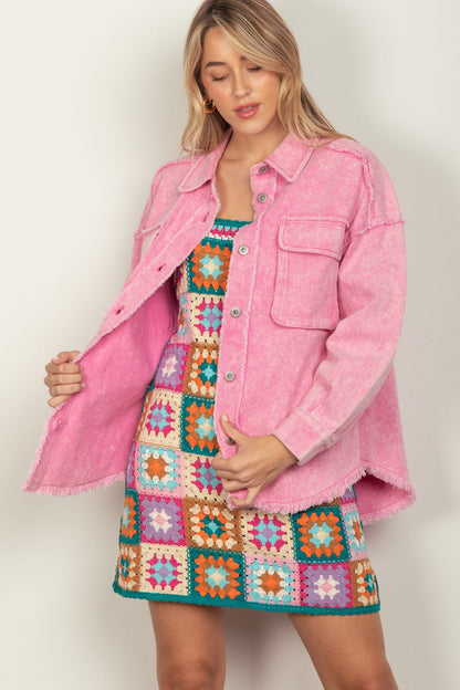 VERY J Full Size Button Up Raw Hem Long Sleeve Jacket Carauana Store