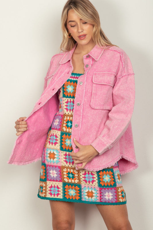 VERY J Full Size Button Up Raw Hem Long Sleeve Jacket Carauana Store