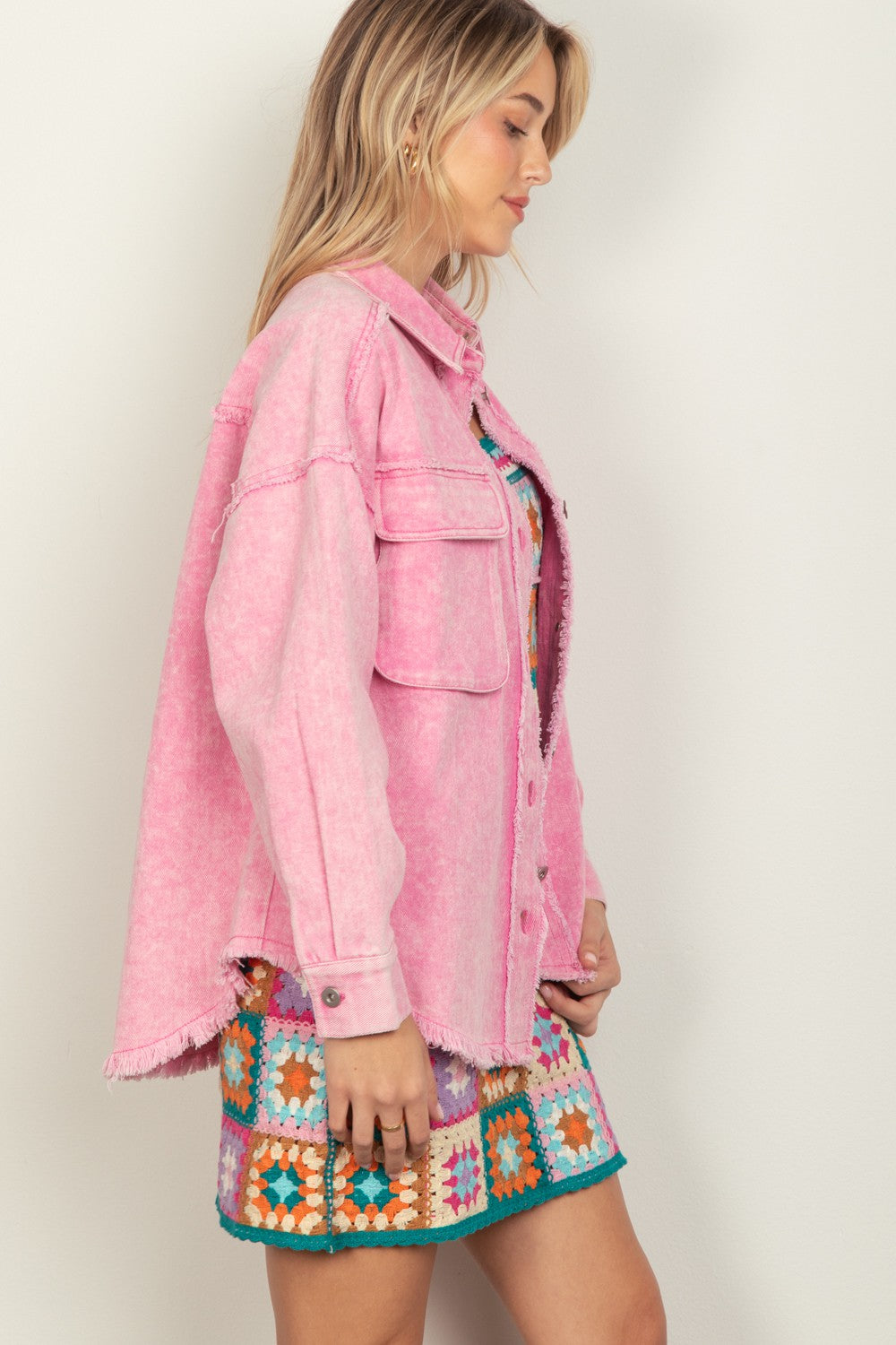 VERY J Full Size Button Up Raw Hem Long Sleeve Jacket Carauana Store