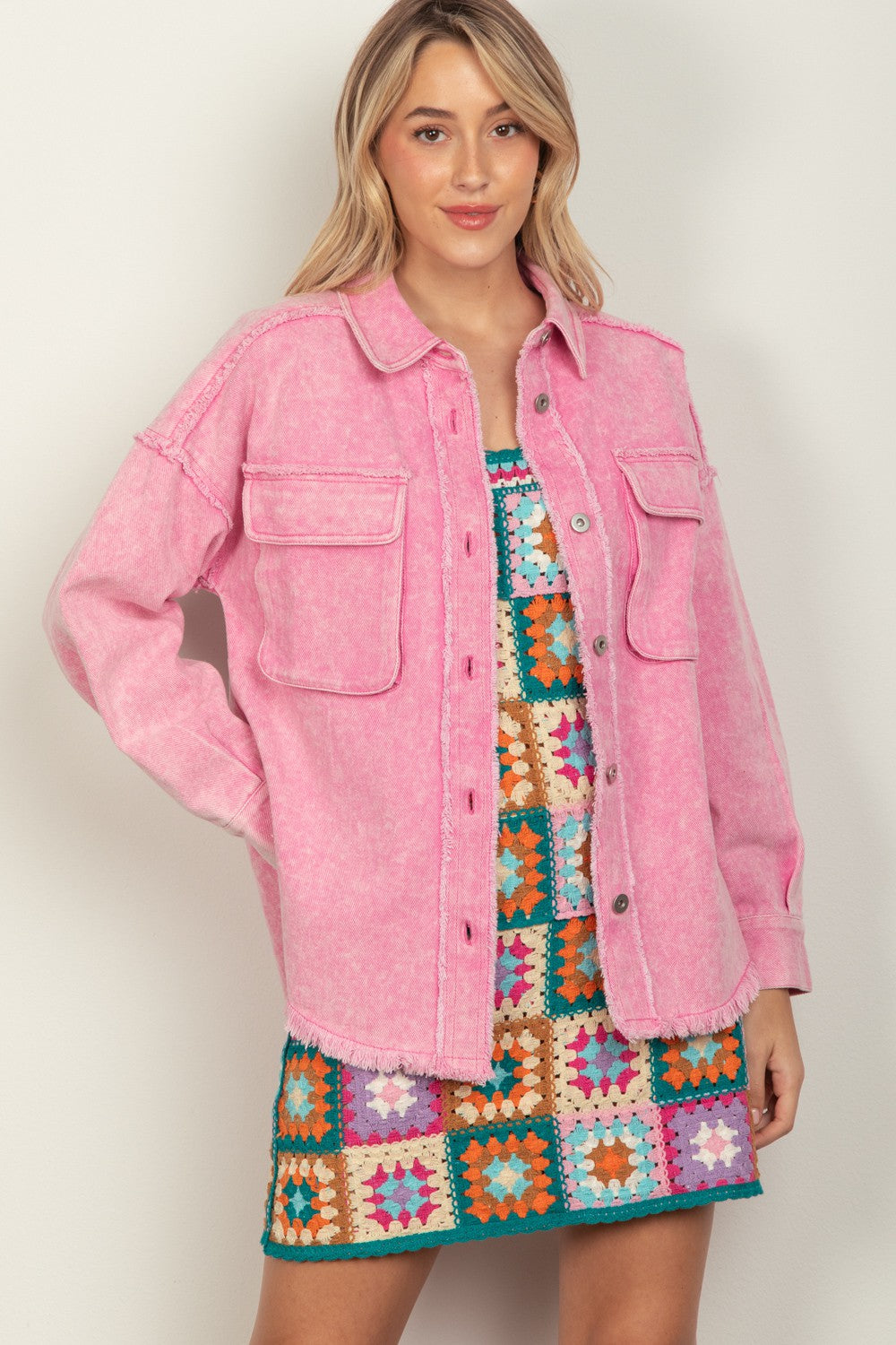 VERY J Full Size Button Up Raw Hem Long Sleeve Jacket Carauana Store