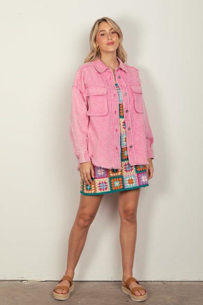 VERY J Full Size Button Up Raw Hem Long Sleeve Jacket Carauana Store