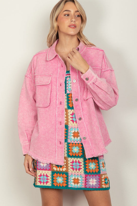 VERY J Full Size Button Up Raw Hem Long Sleeve Jacket Carauana Store