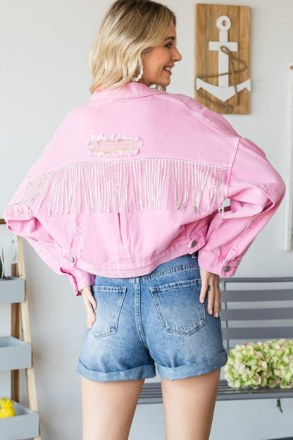 Veveret Fringe Distressed Button Up Denim Jacket Carauana Store
