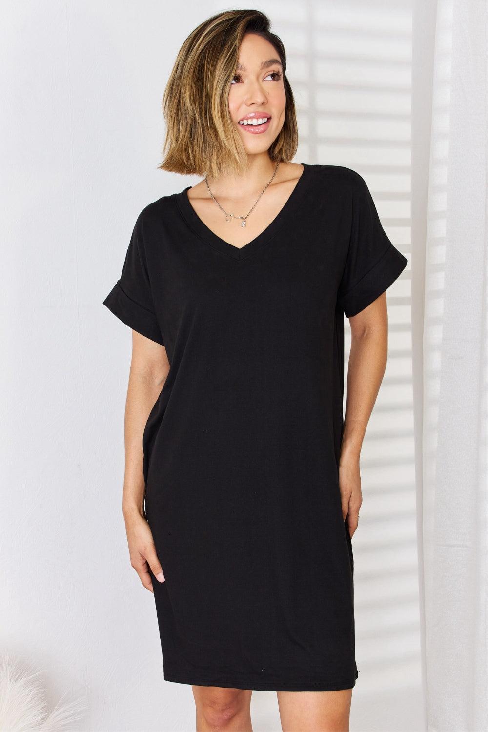Zenana Full Size Rolled Short Sleeve V-Neck Dress Carauana Store