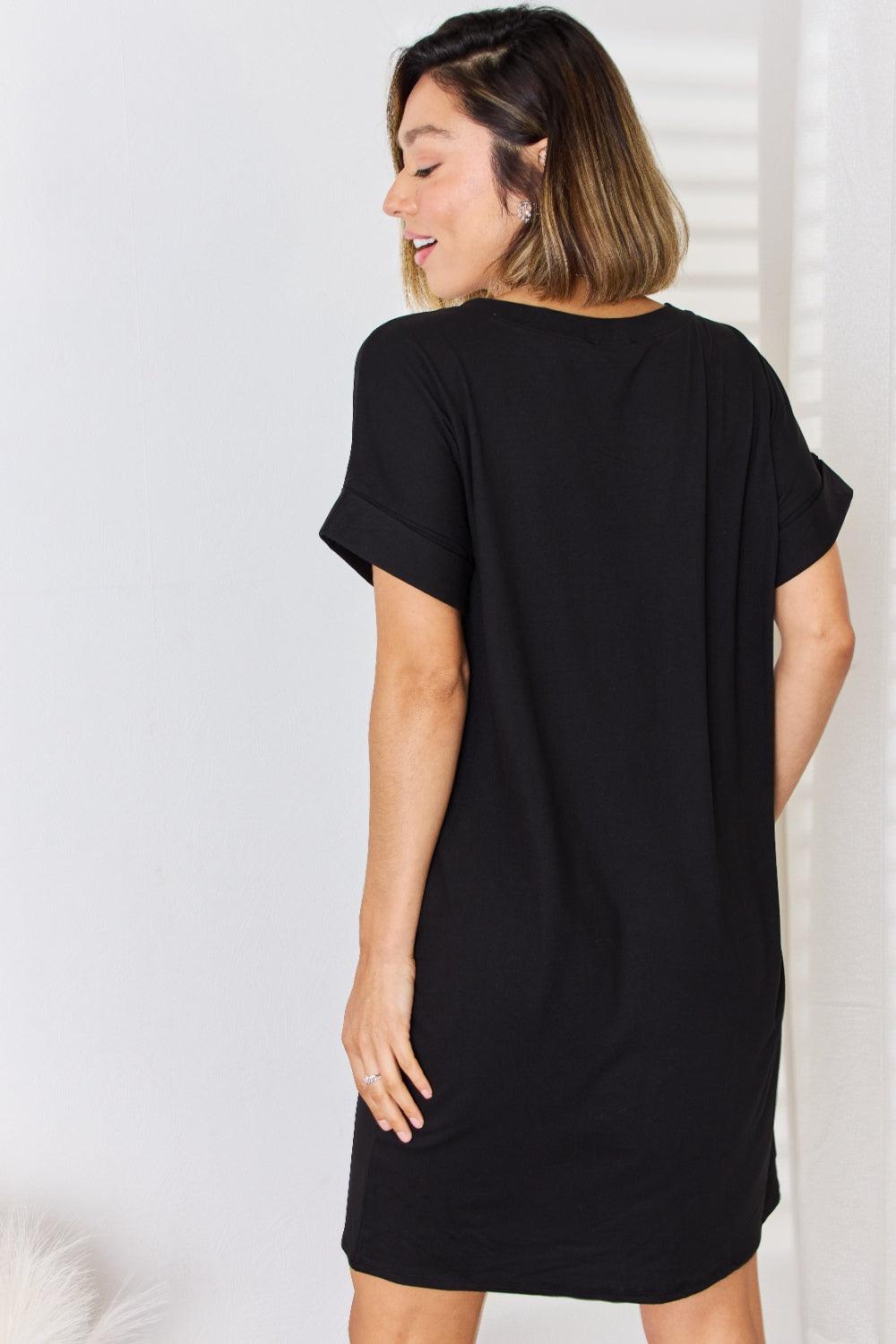 Zenana Full Size Rolled Short Sleeve V-Neck Dress Carauana Store