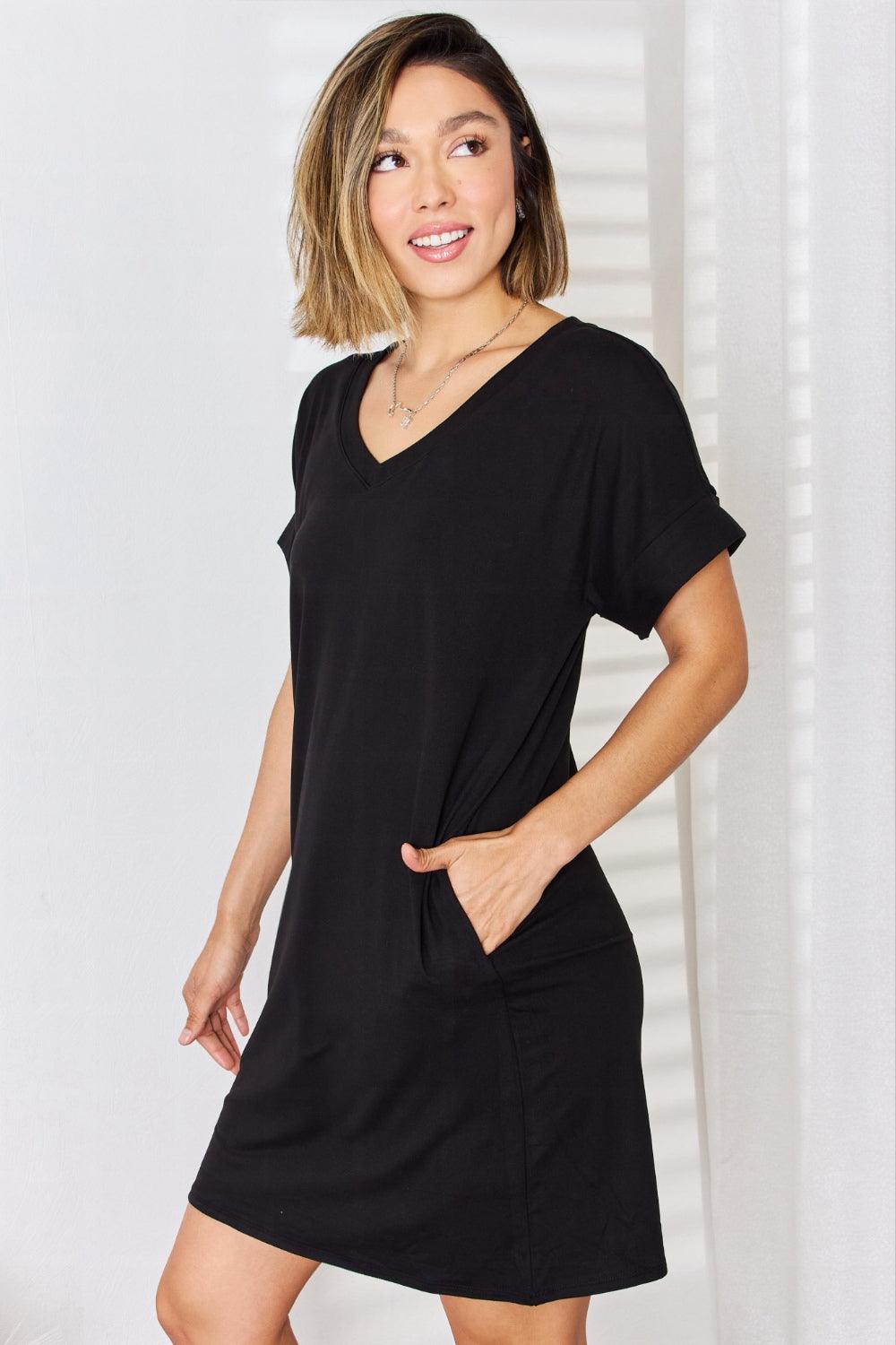 Zenana Full Size Rolled Short Sleeve V-Neck Dress Carauana Store