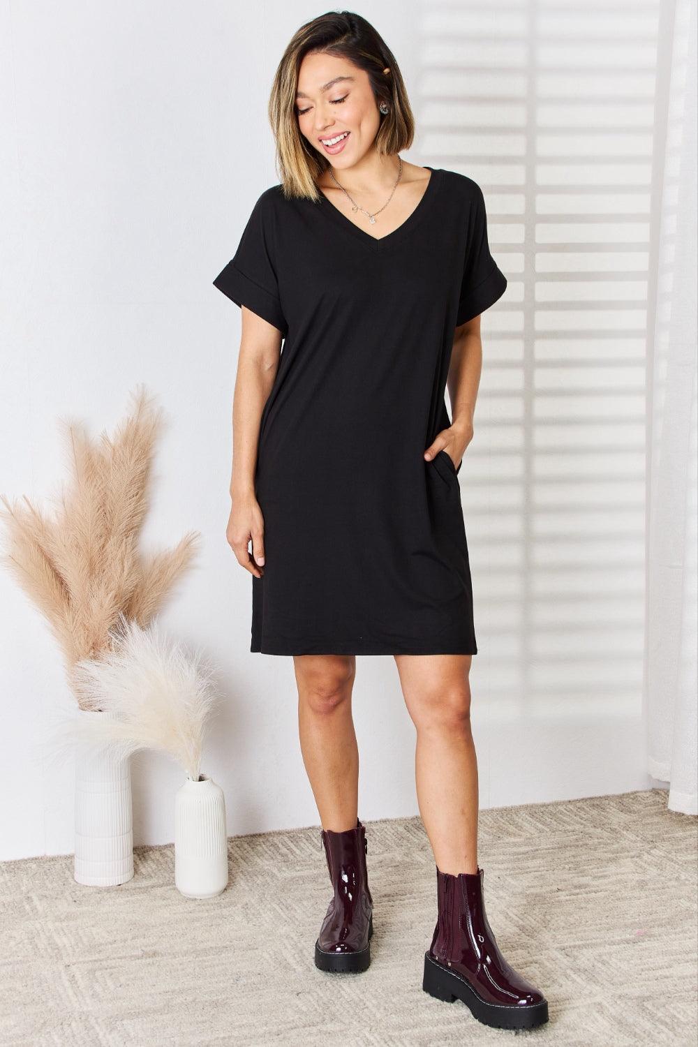 Zenana Full Size Rolled Short Sleeve V-Neck Dress Carauana Store