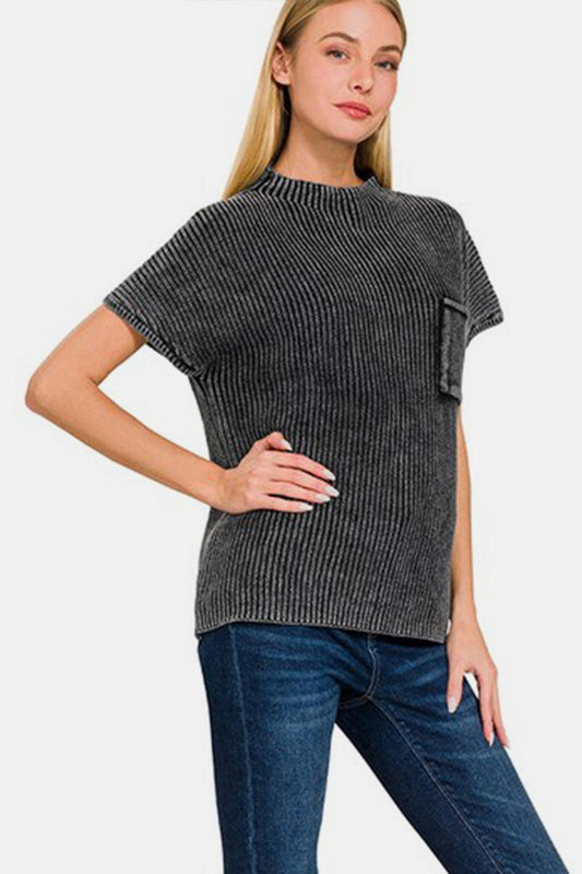 Zenana Pocketed Mock Neck Short Sleeve Sweater Carauana Store