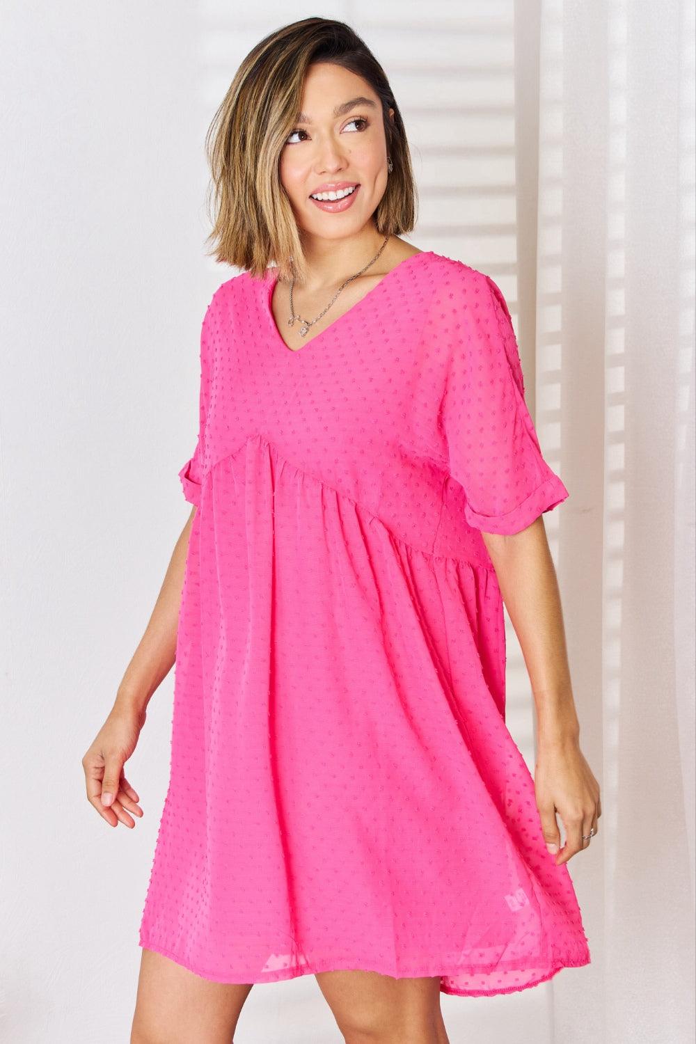 Zenana Swiss Dot Rolled Short Sleeve Babydoll Dress Carauana Store