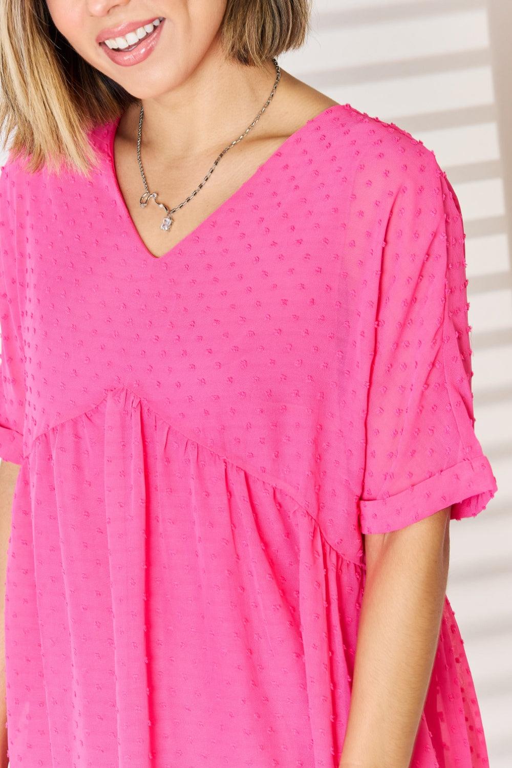 Zenana Swiss Dot Rolled Short Sleeve Babydoll Dress Carauana Store