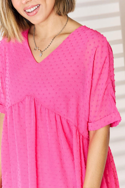 Zenana Swiss Dot Rolled Short Sleeve Babydoll Dress Carauana Store