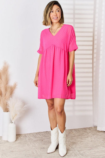 Zenana Swiss Dot Rolled Short Sleeve Babydoll Dress Carauana Store