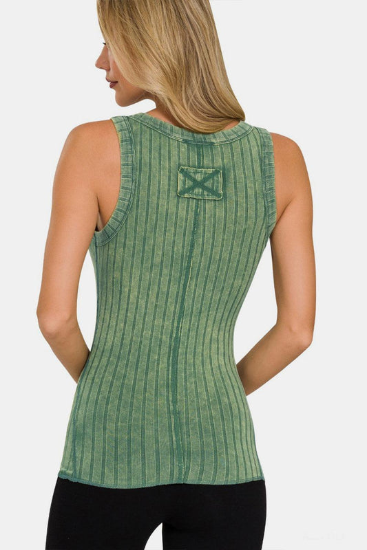 Zenana Washed Ribbed Half Snap Henry Tank Carauana Store