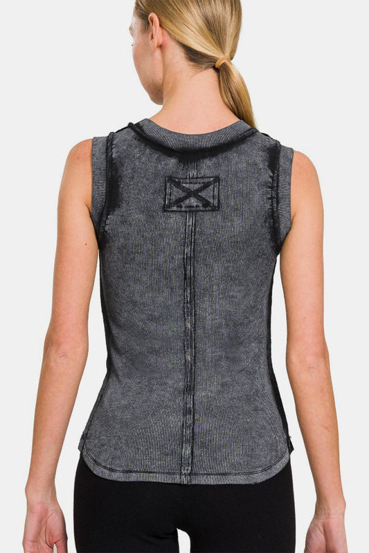 Zenana Washed Ribbed Round Neck Slim Tank Carauana Store
