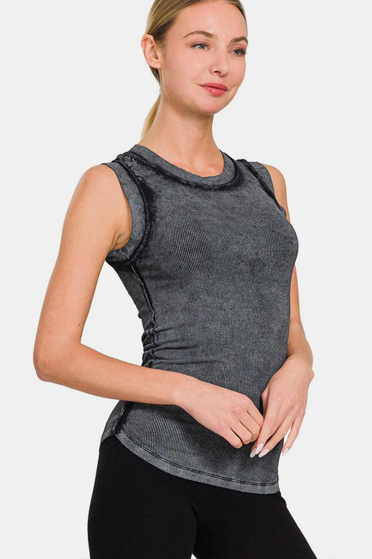 Zenana Washed Ribbed Round Neck Slim Tank Carauana Store