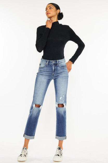 Kancan High Waist Distressed Hem Detail Cropped Straight Jeans Carauana Store