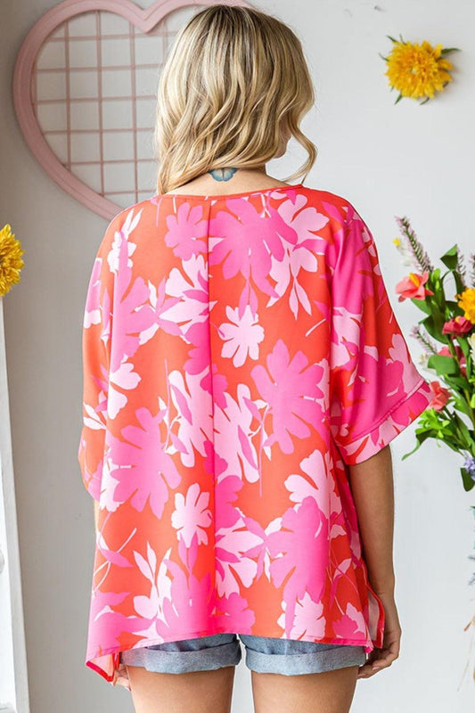 First Love Slit Printed Round Neck Half Sleeve Blouse Carauana Store