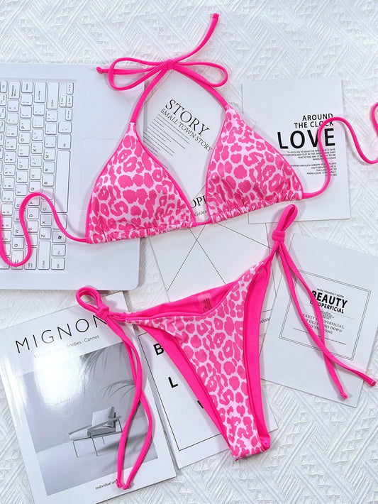 Leopard Print Halter Neck Tie Side Bikini Set Carauana Store