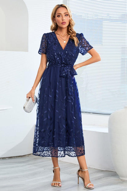 Sequin Leaf Embroidery Tie Front Short Sleeve Dress Carauana Store