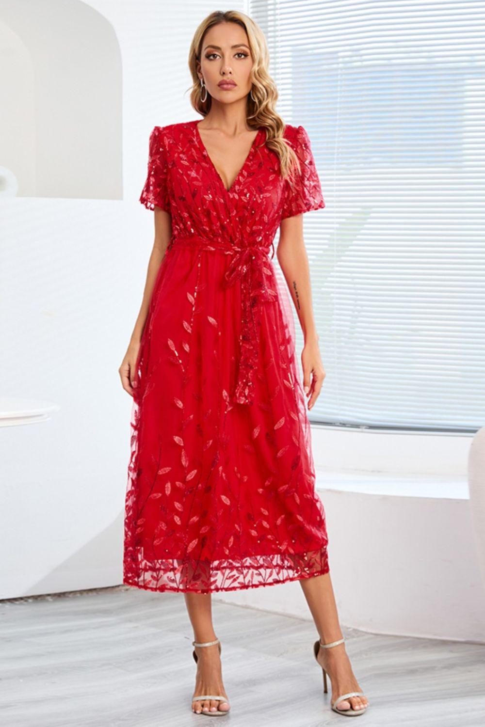 Sequin Leaf Embroidery Tie Front Short Sleeve Dress Carauana Store