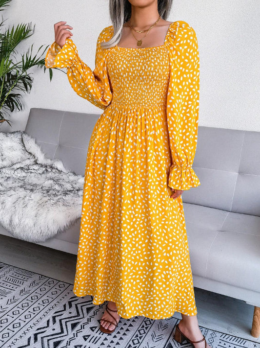 Smocked Square Neck Flounce Sleeve Dress Carauana Store