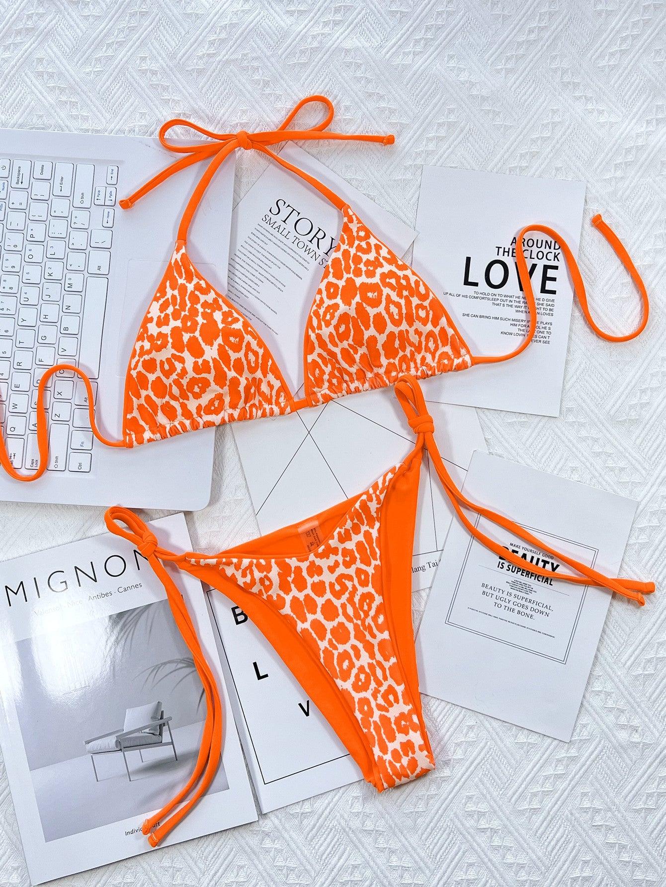 Leopard Print Halter Neck Tie Side Bikini Set Carauana Store