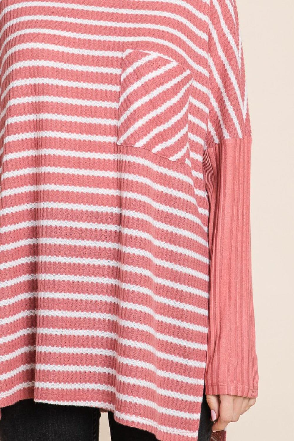 Culture Code Oversize Striped Round Neck Long Sleeve Slit T-Shirt Carauana Store
