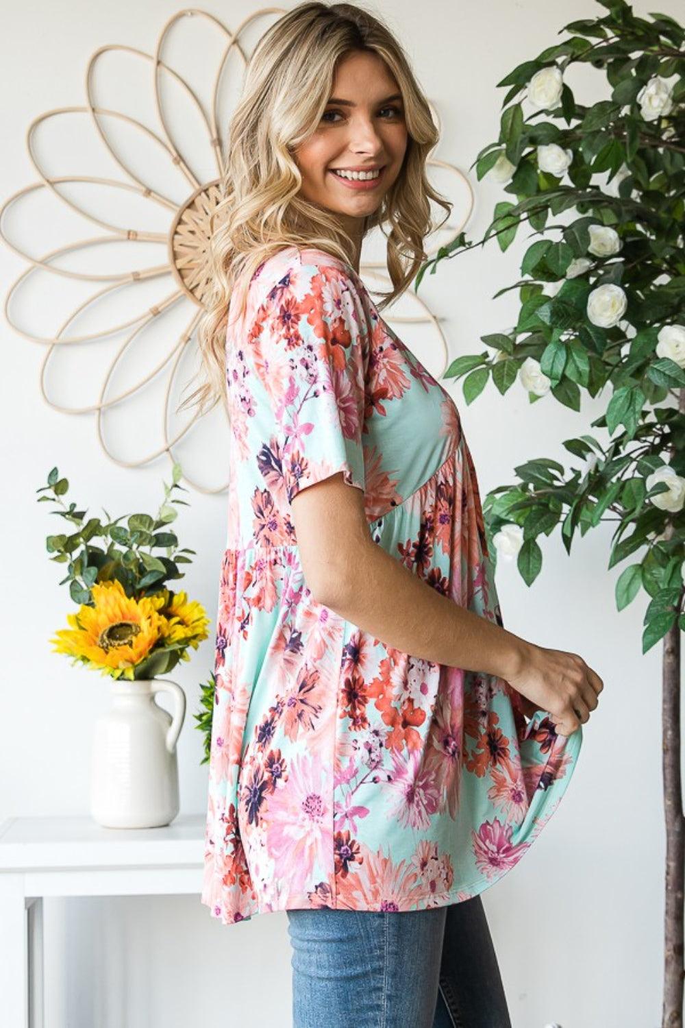 Heimish Full Size Floral V-Neck Short Sleeve Babydoll Blouse Carauana Store