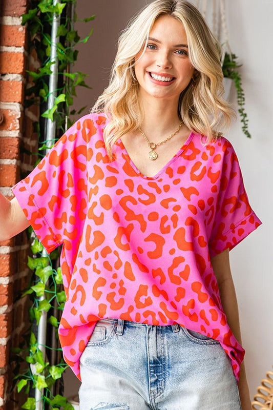 First Love Leopard V-Neck Short Sleeve Woven Top Carauana Store