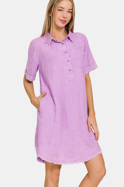 Zenana Washed Linen Raw Hem Dress with Pockets Carauana Store