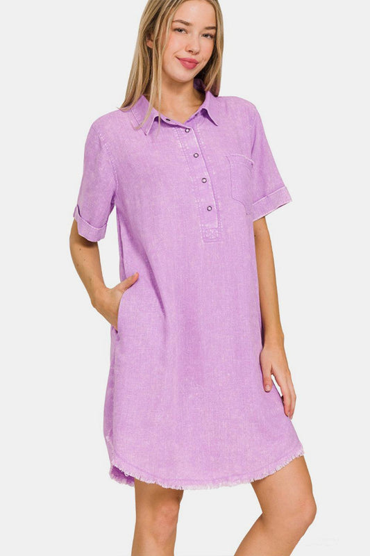 Zenana Washed Linen Raw Hem Dress with Pockets Carauana Store