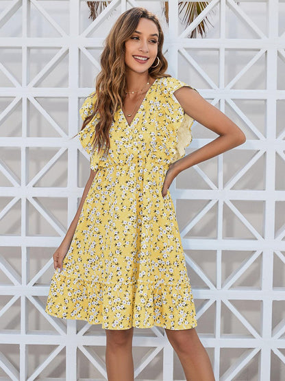 Ruffled Ditsy Floral Surplice Mini Dress Carauana Store