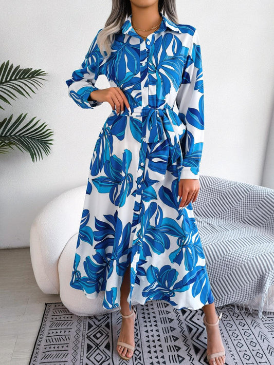 Tied Button Up Long Sleeve Dress Carauana Store