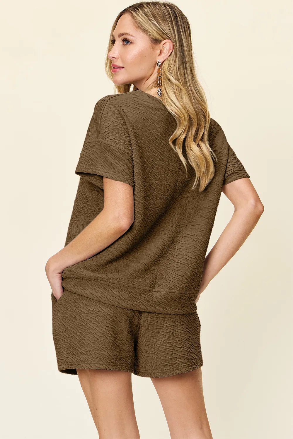 Double Take Full Size Texture Short Sleeve T-Shirt and Drawstring Shorts Set Carauana Store