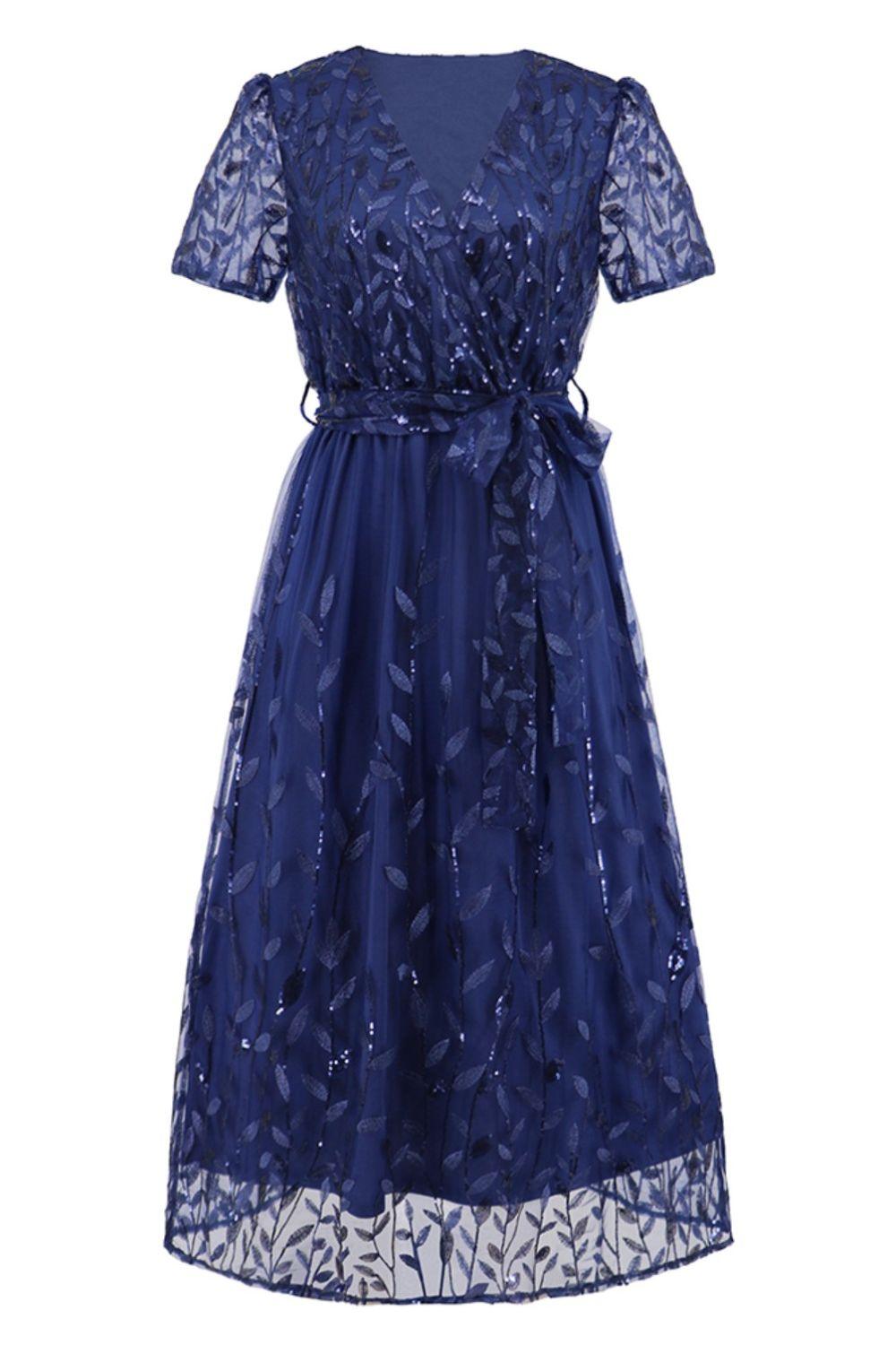 Sequin Leaf Embroidery Tie Front Short Sleeve Dress Carauana Store