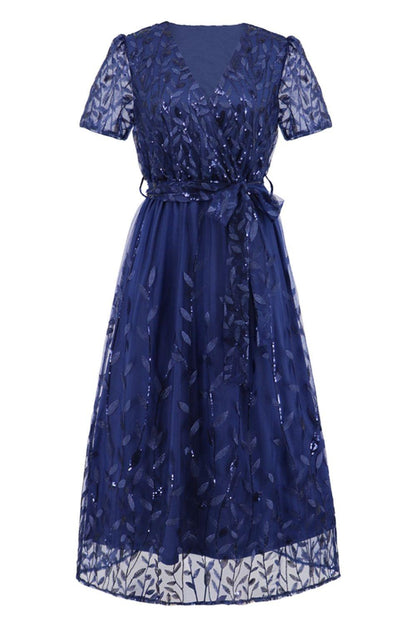 Sequin Leaf Embroidery Tie Front Short Sleeve Dress Carauana Store