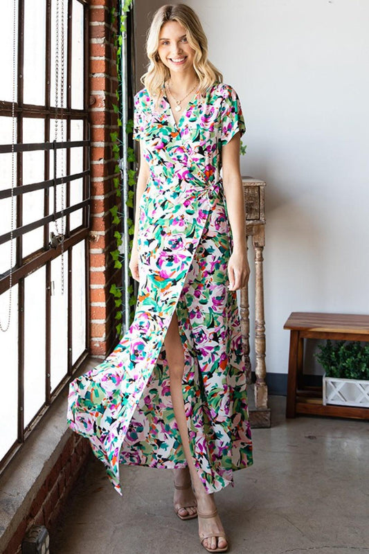 First Love Slit Printed Surplice Tie Waist Short Sleeve Dress Carauana Store