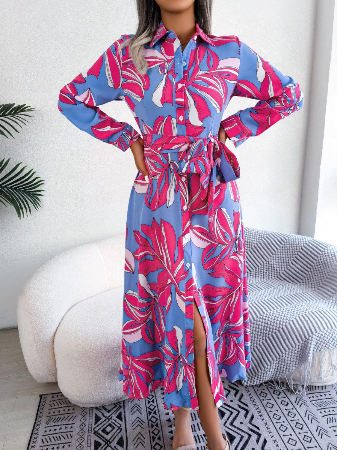 Tied Button Up Long Sleeve Dress Carauana Store