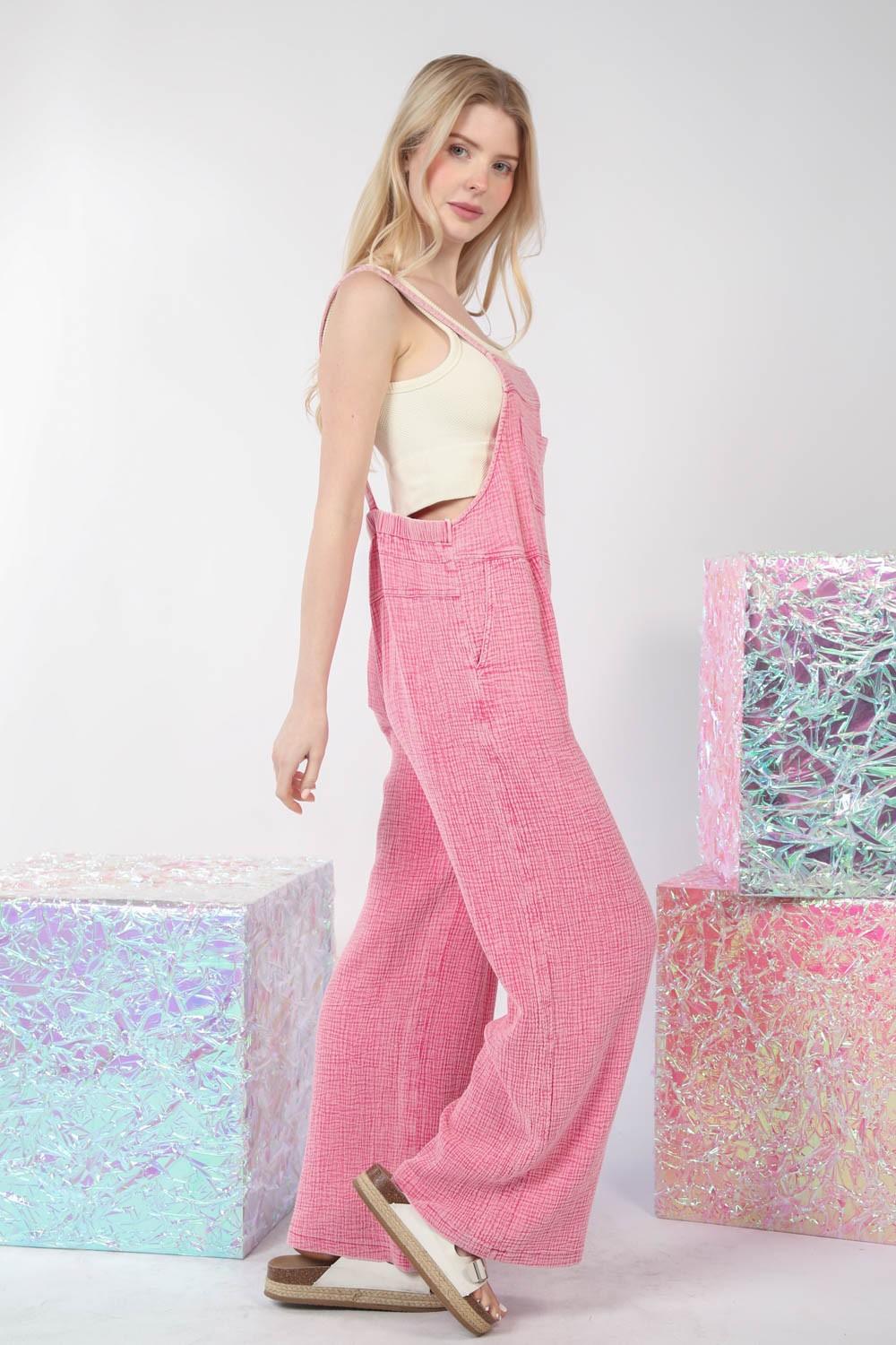 VERY J Texture Washed Wide Leg Overalls Carauana Store