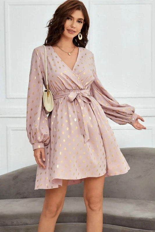 Tied Printed Surplice Long Sleeve Dress Carauana Store