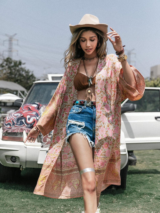 Floral Open Front Long Sleeve Cardigan Carauana Store