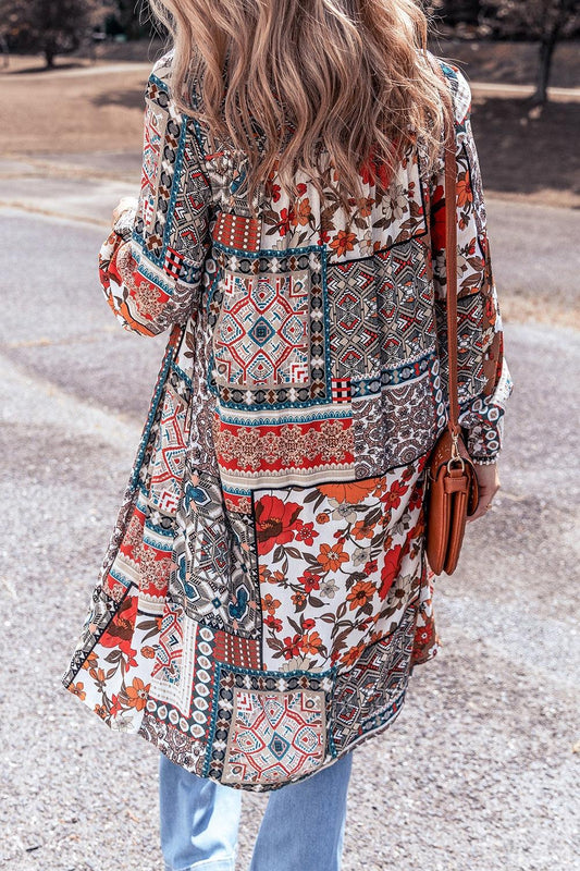 Printed Open Front Collared Neck Cardigan Carauana Store