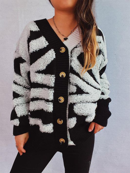 Contrast Button Up Long Sleeve Cardigan Carauana Store