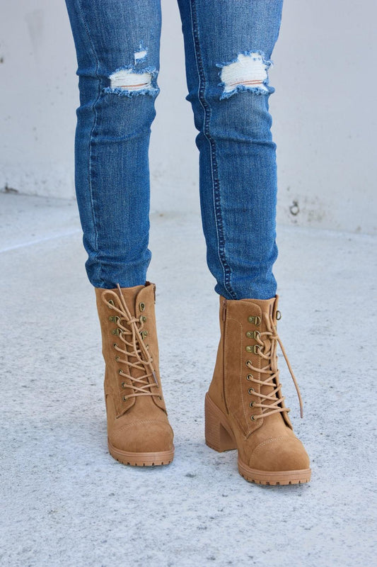 Forever Link Lace-Up Zipper Detail Block Heel Boots Carauana Store