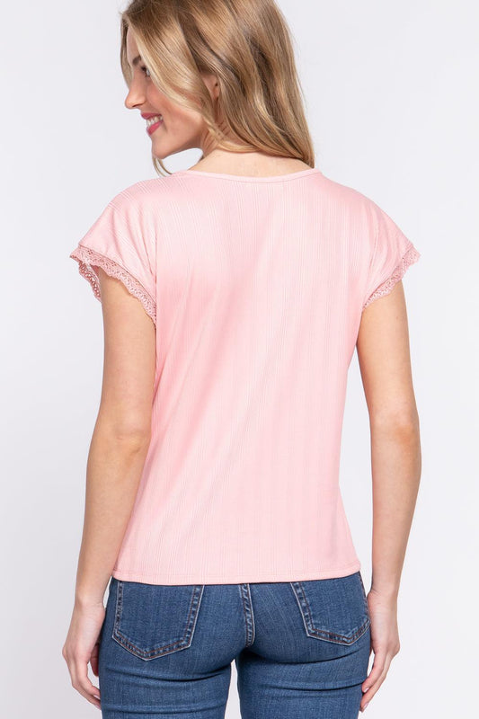 ACTIVE BASIC Lace Trim V-Neck Short Sleeve Ribbed Top Carauana Store