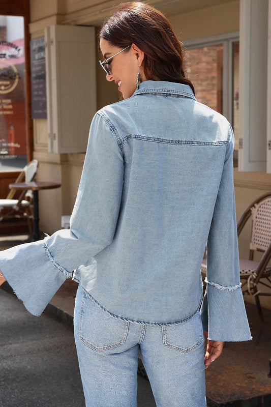 Button Front Flare Sleeve Denim Top Carauana Store