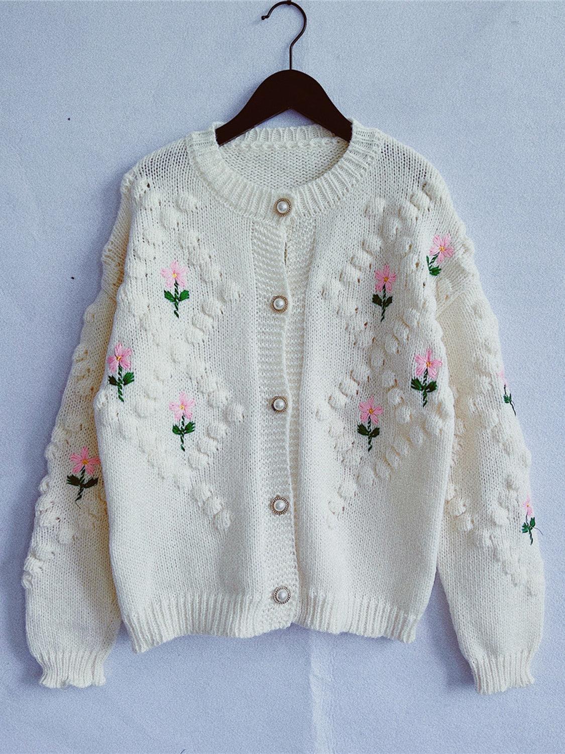 Floral Button Up Round Neck Long Sleeve Cardigan Carauana Store