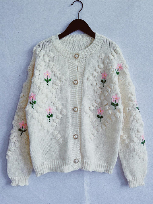 Floral Button Up Round Neck Long Sleeve Cardigan Carauana Store
