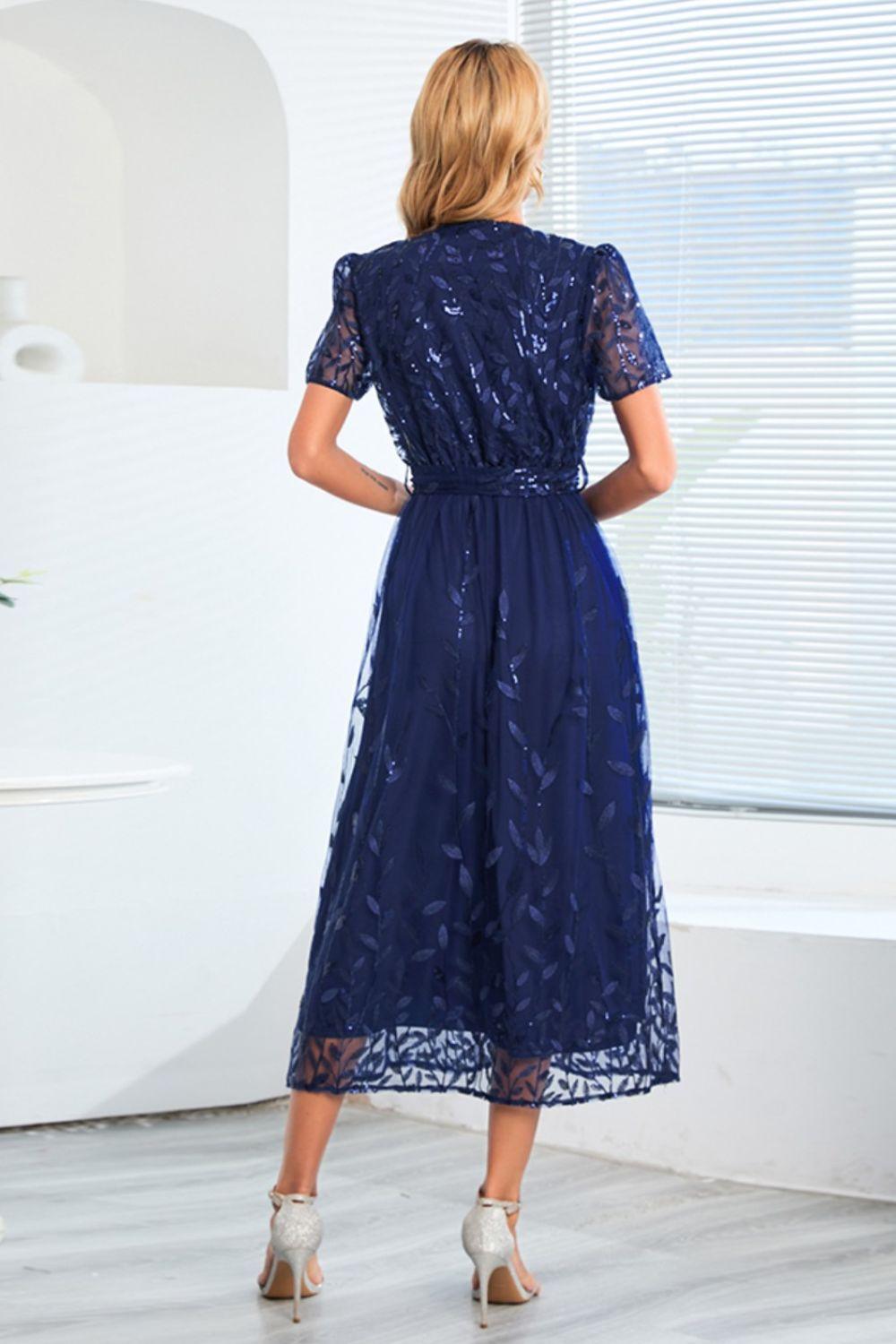 Sequin Leaf Embroidery Tie Front Short Sleeve Dress Carauana Store